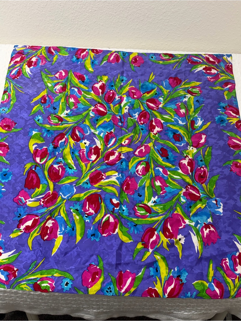Vibrant Purple Floral Scarf with Pink Tulip Print
